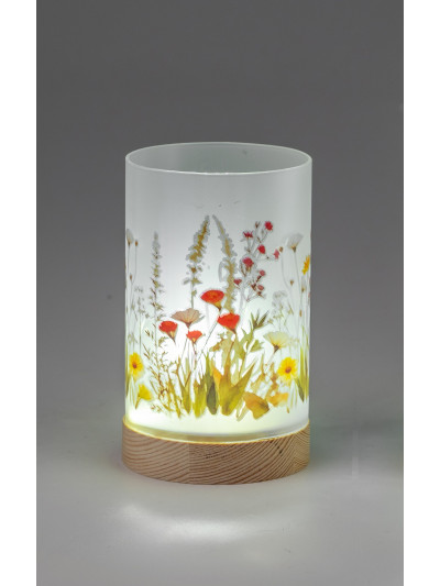 LED Deko Licht Blumenwiese 15cm Glas Zylinder auf Holzfuß mit Timer