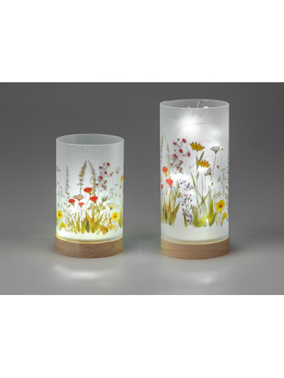 LED Deko Licht Blumenwiese 15cm Glas Zylinder auf Holzfuß mit Timer