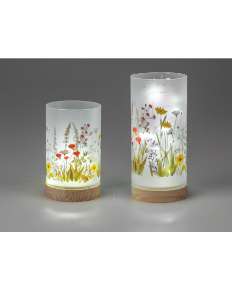 LED Deko Licht Blumenwiese 20cm Glas Zylinder auf Holzfuß mit Timer
