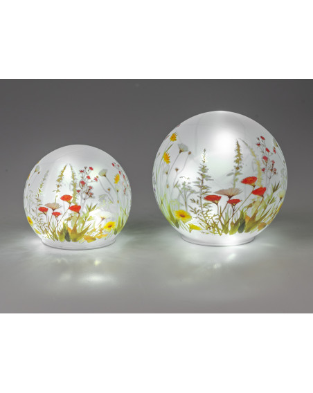 LED Deko Licht Blumenwiese 20cm Glas Zylinder auf Holzfuß mit Timer