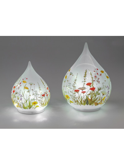 LED Deko Licht Blumenwiese 20cm Glas Zylinder auf Holzfuß mit Timer