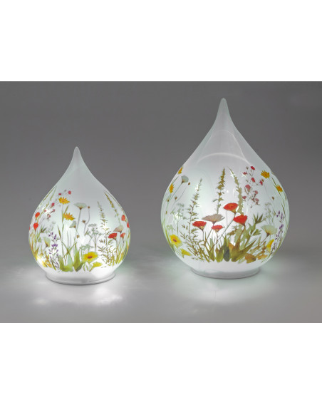 LED Deko Licht Blumenwiese 20cm Glas Zylinder auf Holzfuß mit Timer