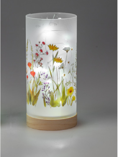 LED Deko Licht Blumenwiese 20cm Glas Zylinder auf Holzfuß mit Timer