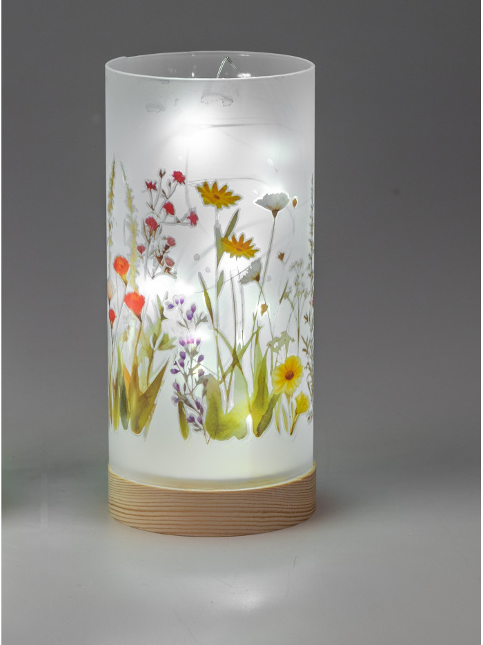 LED Deko Licht Blumenwiese 20cm Glas Zylinder auf Holzfuß mit Timer