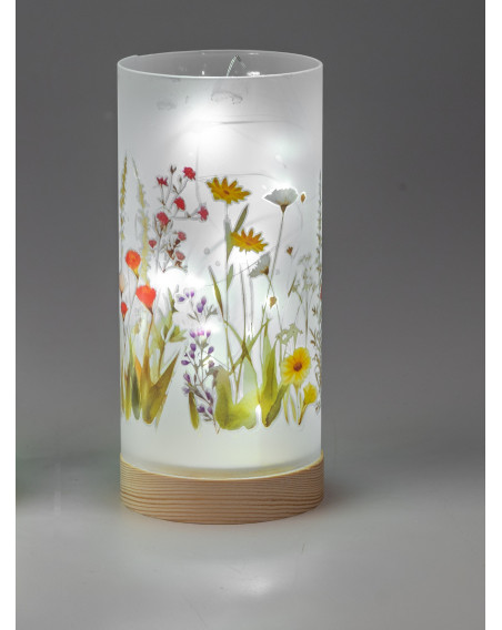LED Deko Licht Blumenwiese 20cm Glas Zylinder auf Holzfuß mit Timer