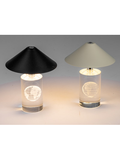 LED Tischlampe Pilz mit Globus Gravur aus Glas, Schwarz mit Touch Dimmer 16cm