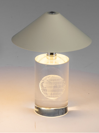 LED Tischlampe Pilz mit Globus Gravur aus Glas, Creme mit Touch Dimmer 16cm