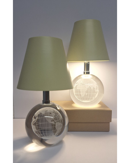 LED Tischlampe 18cm creme, Globus Gravur, Glas mit Touch Dimmer