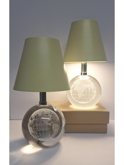 LED Tischlampe mit Globus Gravur aus Glas, schwarz mit Touch Dimmer 18cm