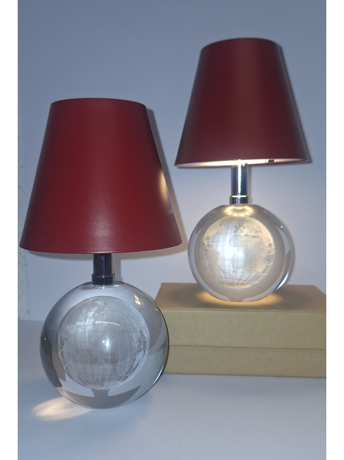 LED Tischlampe mit Globus Gravur aus Glas, rot mit Touch Dimmer 18cm