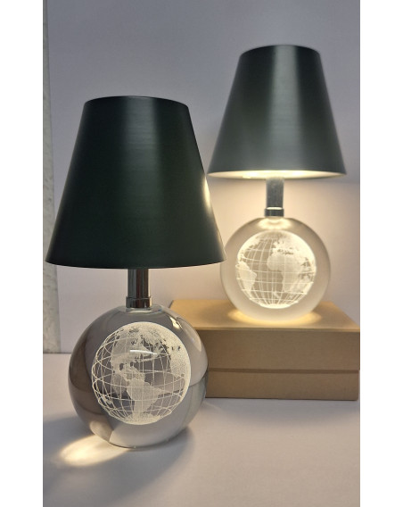 LED Tischlampe mit Globus Gravur aus Glas, rot mit Touch Dimmer 18cm