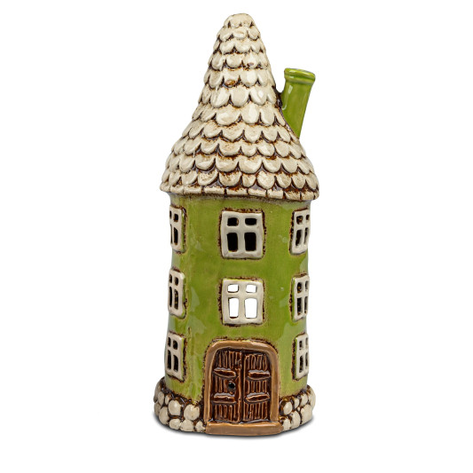 Windlicht Turm Haus 12x21cm Koralle-Creme-Braun