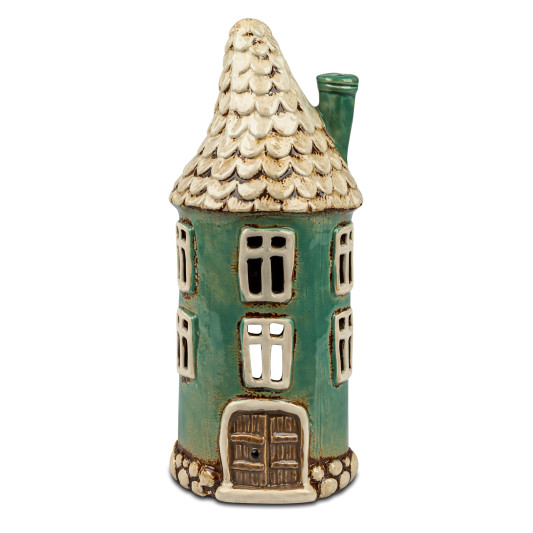Windlicht Turm Haus 12x21cm Koralle-Creme-Braun