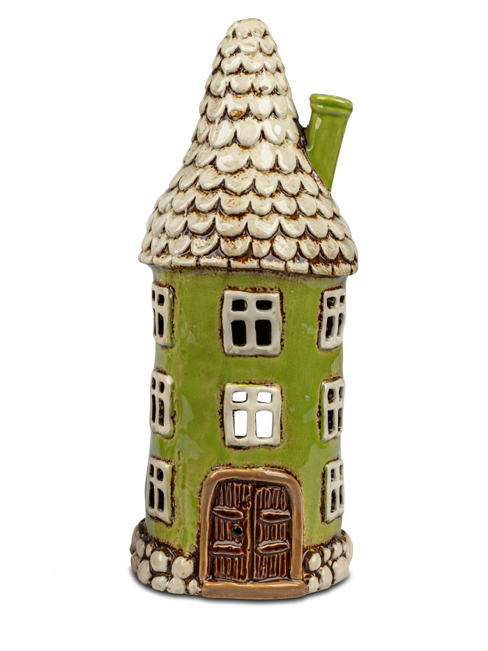 Windlicht Turm Haus 11x26cm Pistazie-Creme-Braun