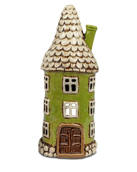 Windlicht Turm Haus 11x26cm Pistazie-Creme-Braun