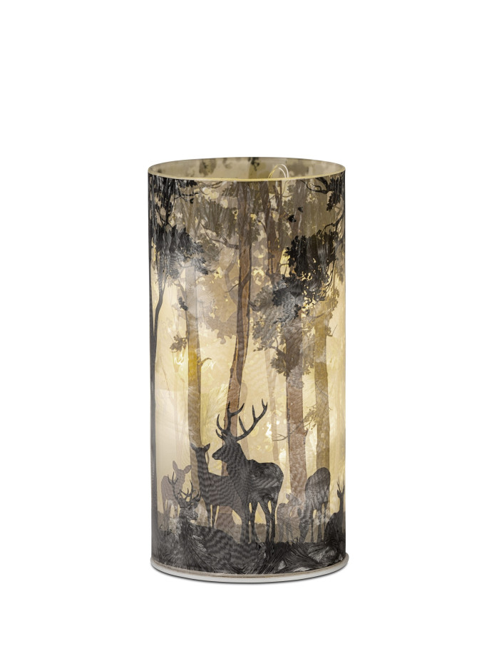 LED Deko Licht Waldlichtung mit Hirsch 16cm, Glas Zylinder