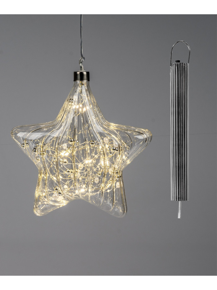LED Deko Licht Stern mit Perlen 15cm, Glas mit Timer