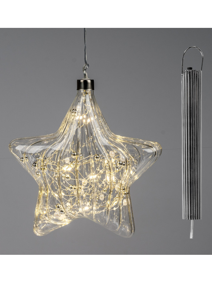 LED Deko Licht Stern mit Perlen 18cm, Glas mit Timer