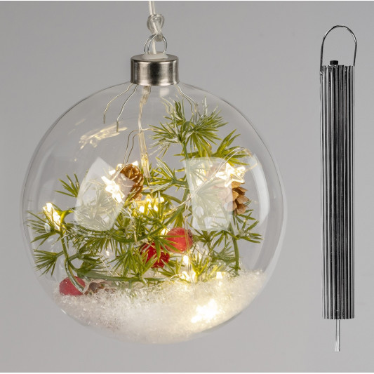 LED Glaskugel Winterzeit 15cm mit Kiefern und Beeren, hängend