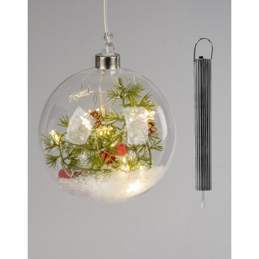 LED Glaskugel Winterzeit 15cm mit Kiefern und Beeren, hängend
