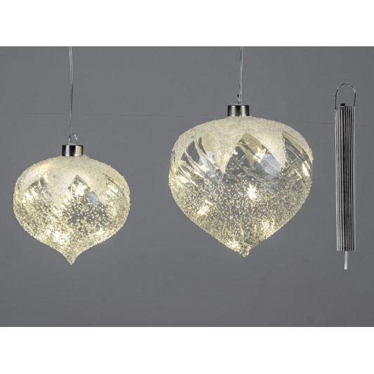 LED Glaskugel Tropfen Frosty mit Schnee 12cm hängend