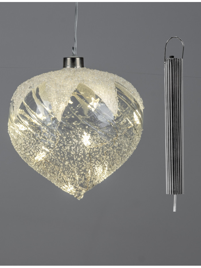 LED Glaskugel Tropfen Frosty mit Schnee 12cm hängend