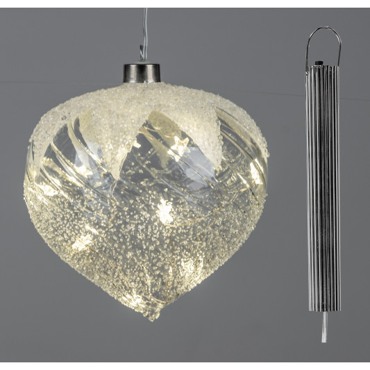 LED Glaskugel Tropfen Frosty mit Schnee 12cm hängend