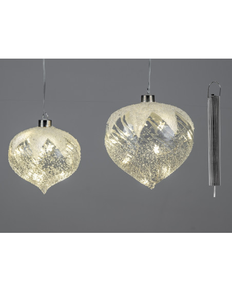 LED Glaskugel Tropfen Frosty mit Schnee 15cm hängend