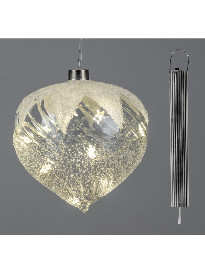 LED Glaskugel Tropfen Frosty mit Schnee 15cm hängend