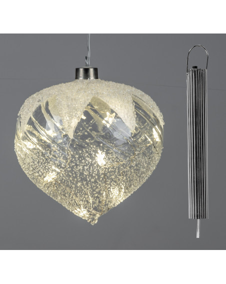 LED Glaskugel Tropfen Frosty mit Schnee 15cm hängend