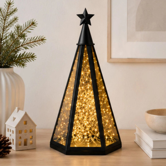 LED Deko Laterne Pyramide 37cm aus Glas und Metall mit Timer