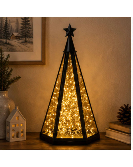 LED Deko Laterne Pyramide 47cm aus Glas und Metall mit Timer