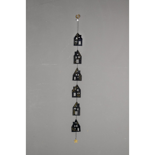 Winter Häuschenkette Girlande Sterne Schwarz-Gold 70cm Karton