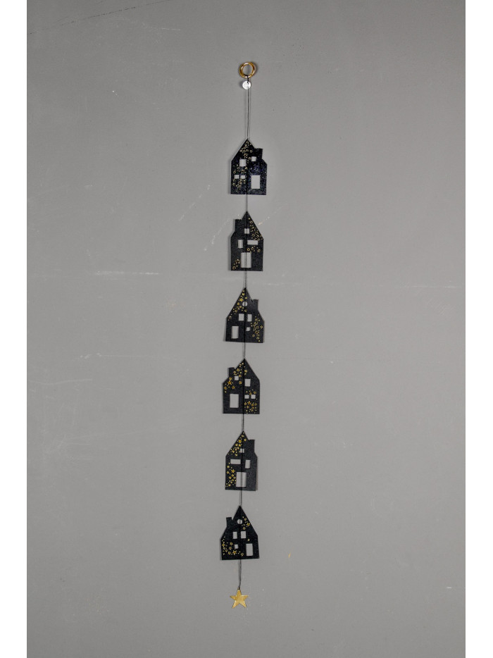 Winter Häuschenkette Girlande Sterne Schwarz-Gold 70cm Karton