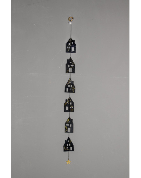 Winter Häuschenkette Girlande Sterne Schwarz-Gold 70cm Karton