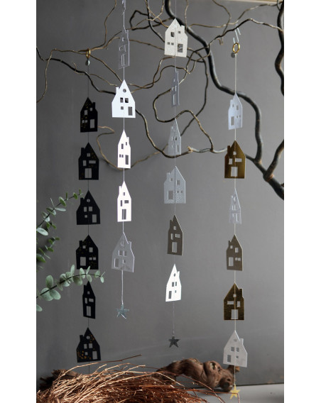 Winter Häuschenkette Girlande Eichhörnchen Gold-Weiß 70cm Karton