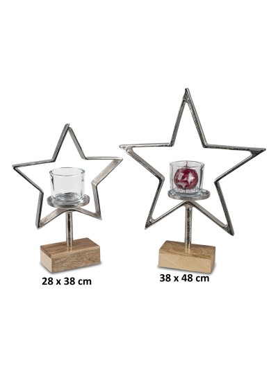Windlicht-Teelichthalter Stern 38 x 48 cm Silber auf Holzbrett