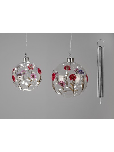 LED Glaskugel zum Aufhängen mit Trockenblumen, mittel, 12cm