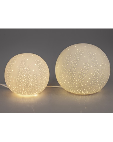 Lampe/Tischlampe Blätterzweige, Rund aus weißem Porzellan 21 cm