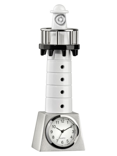 Tischuhr Leuchtturm Metall silber-weiß-schwarz