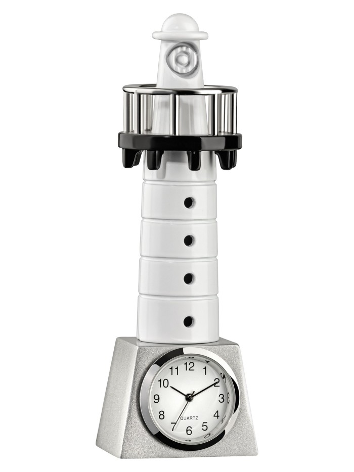 Tischuhr Leuchtturm Metall silber-weiß-schwarz