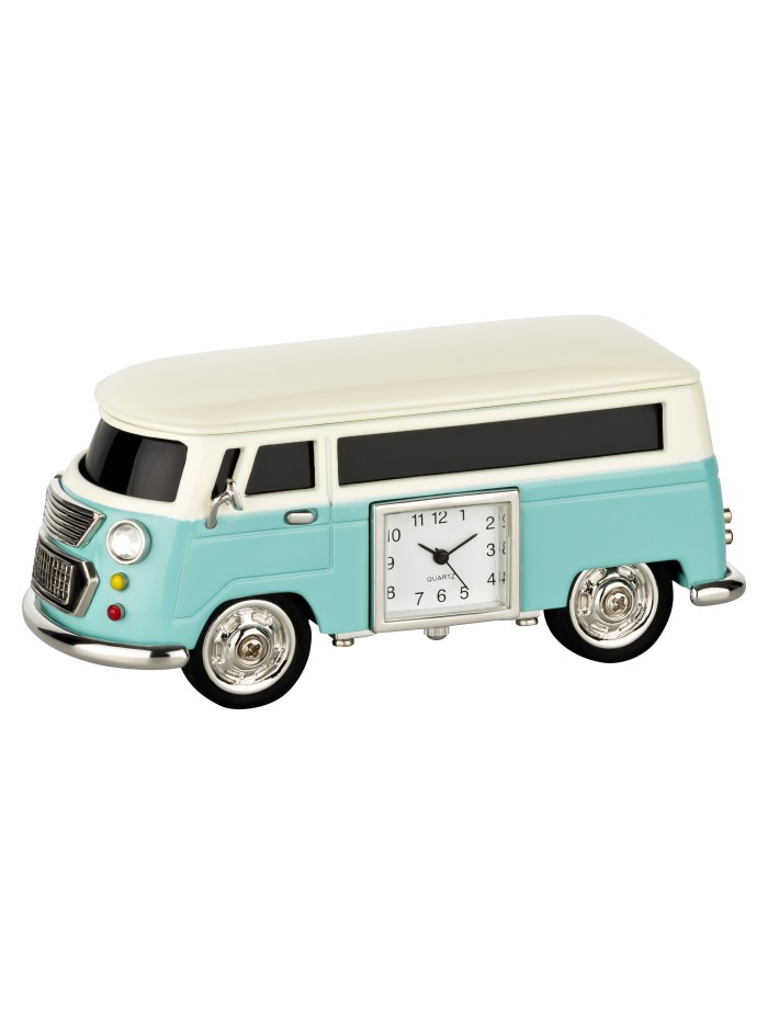 Tischuhr Bulli "Camping Van" Metall Hellblau-Elfenbein