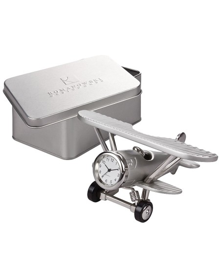 Tischuhr "Doppeldecker" Segelflugzeug Metall Silber
