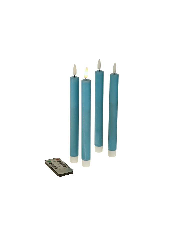 LED Echtwachs Stabkerze Blau 4 tlg. mit Fernbedienung
