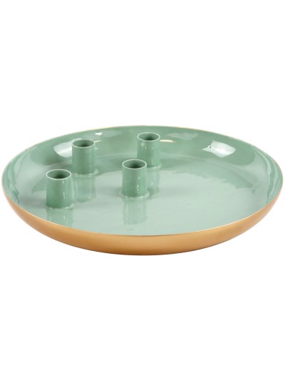 Kerzenschale Adventsteller für 4 Stabkerzen 26cm, Eukalyptusfarbend/ Gold