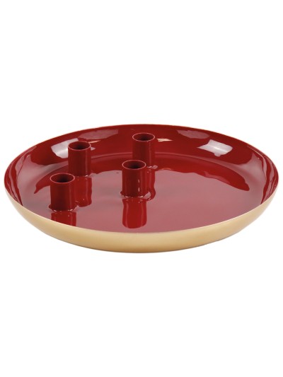 Kerzenschale Adventsteller für 4 Stabkerzen 26cm, Dunkelrot/ Gold
