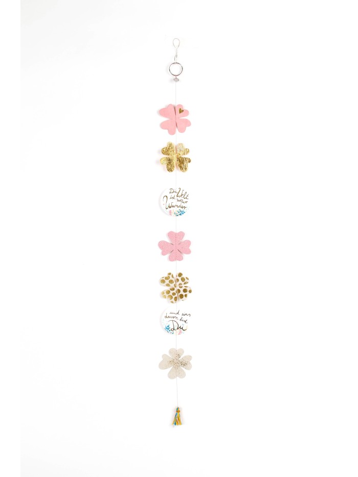 Glücksklee Girlande Rosa/Natur/Gold/Koralle, 70 cm Karton