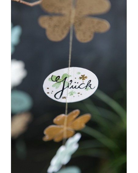 Glücksklee Girlande Natur/Gold/Grün/Blau 70 cm Karton