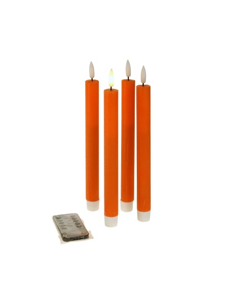 LED Echtwachs Stabkerze Orange 4 tlg. mit Fernbedienung