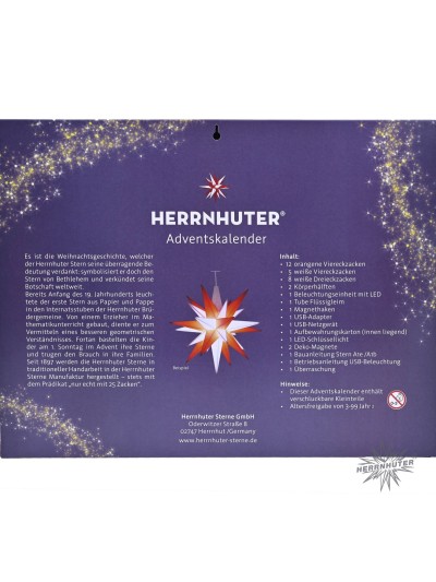 Herrnhuter Adventskalender 2023 mit 13 cm Stern A1e in Orange-Weiß